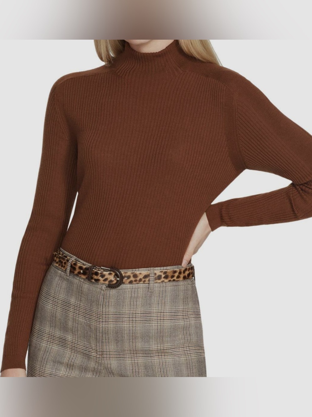 Lafayette 148 Wool Ribbed Mock Neck Sweater Brown XS